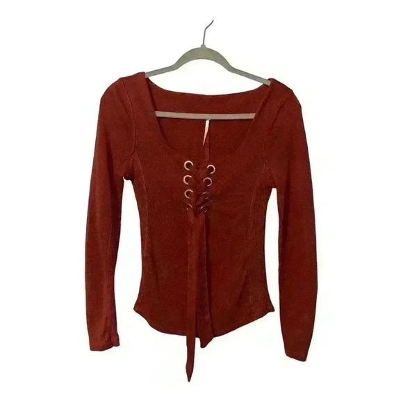 Free People Rust Long Sleeve Lace-Up Top - Picture 2 of 8